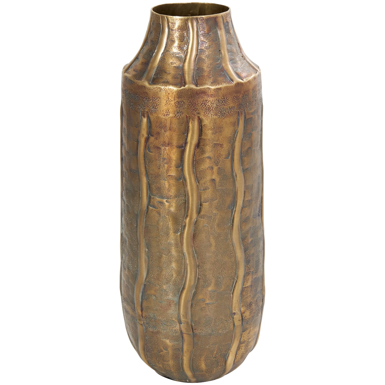14" Brass Metal Snakeskin Inspired Vase with Dimensional Wavy Accents